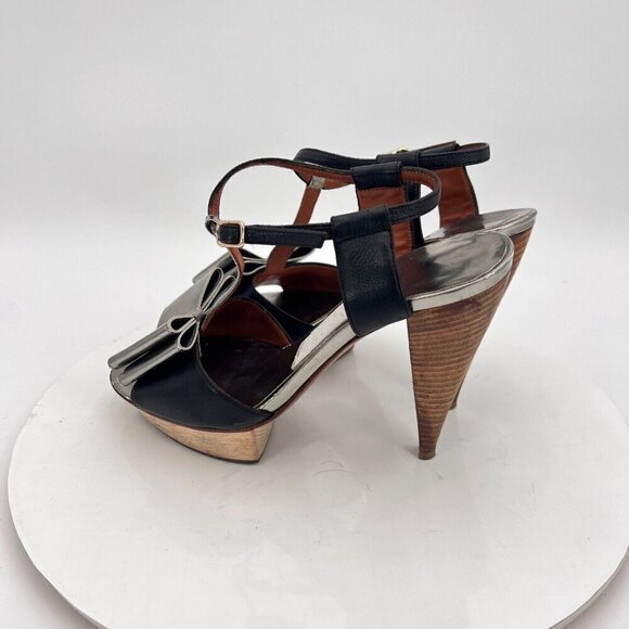 Lanvin Women Size EU 37 US 7 Black Silver Bow T Strap Platform Cone Heel Sandal - Picture 7 of 15
